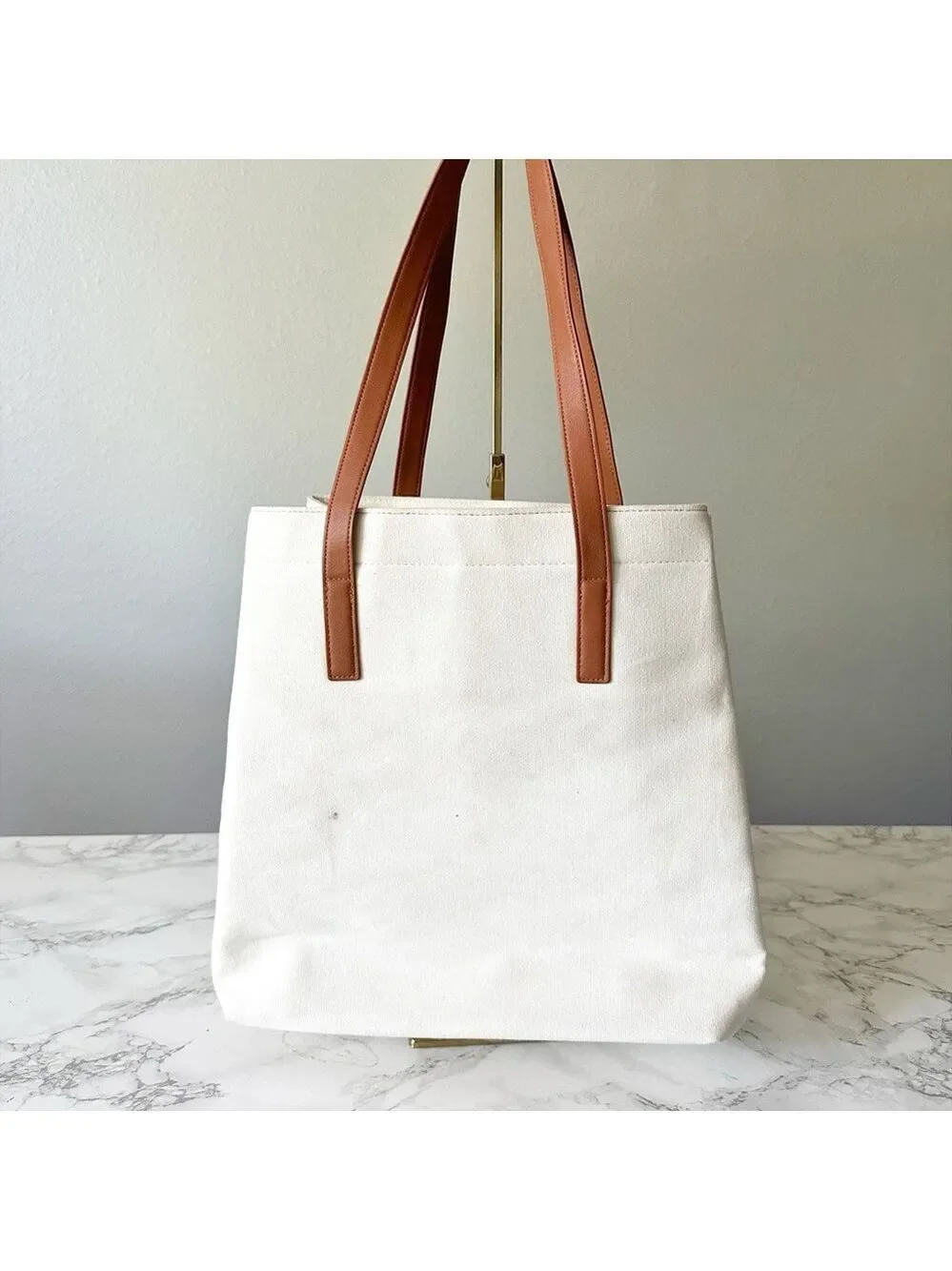 MICHAEL Michael Kors White Canvas Shoppers Tote with Brown Straps